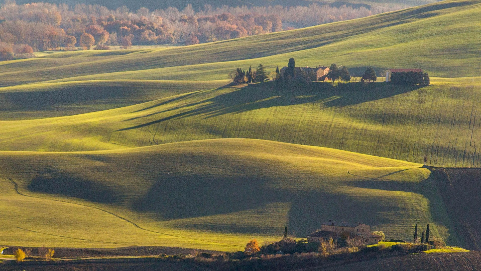 Rolling hills of the Val d'Orcia at golden hour, with stone farmhouses and cypress trees